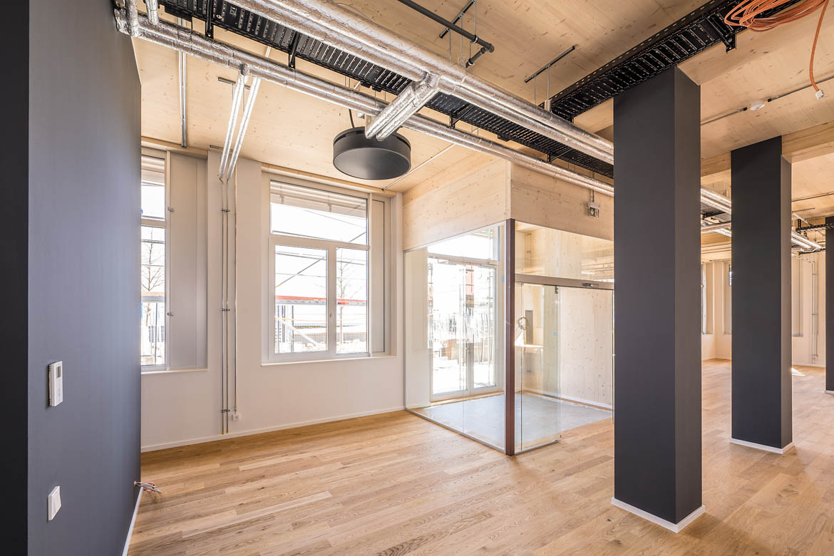 Moderne Bürofläche im Lighthouse mit Holzdecke und Glaswänden