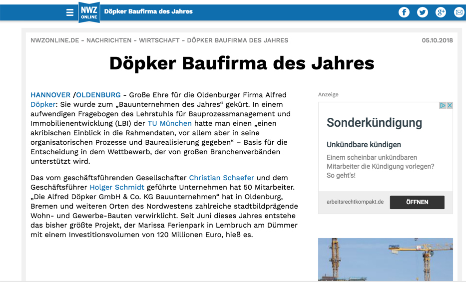 NWZ meldet: Döpker Baufirma des Jahres